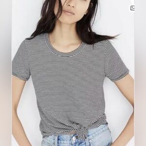 Madewell Black and White Striped Short Sleeve Tie Front Tee
